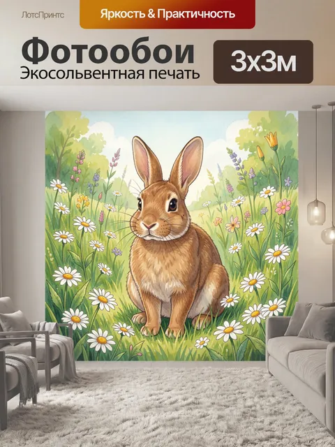 Фотообои Зайчик среди полевых ромашек