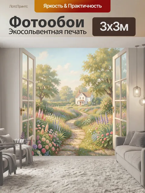 Фотообои Тропинка среди цветов к коттеджу