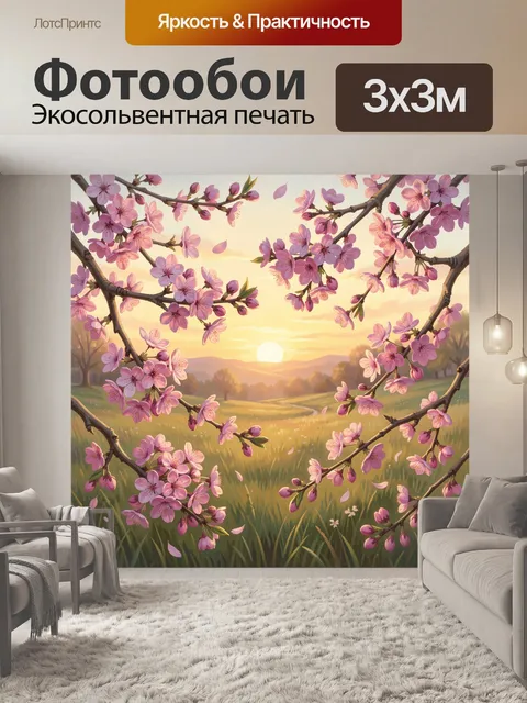 Фотообои Вишневые цветы над закатным лугом
