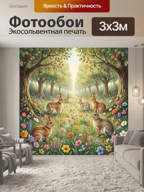 Фотообои Лесная поляна с кроликами