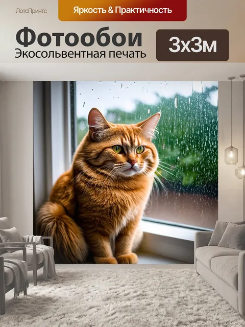 Фотообои коричневые усы элегантного кота, сидящего на подоконнике и наблюдающего за дождём