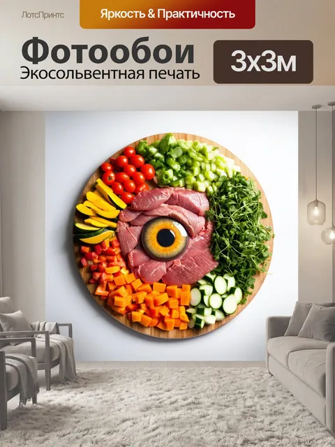 Фотообои глазу не может не радоваться яркое мясное ассорти, аккуратно устроенное на круглой деревянной доске