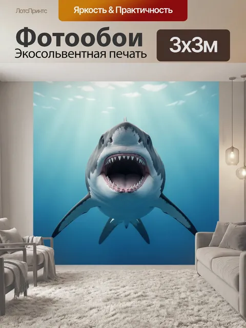 Фотообои Акула с раскрытой пастью под водой