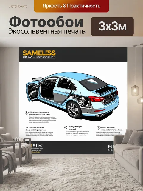 Фотообои машина в стиле инфографический рисунок, показывающий внутренние механизмы и компоненты автомобиля