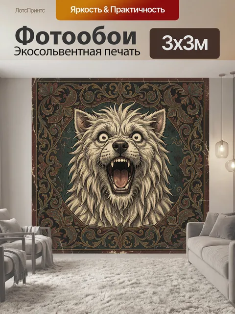 Фотообои Оскалившийся волк в орнаментальной рамке