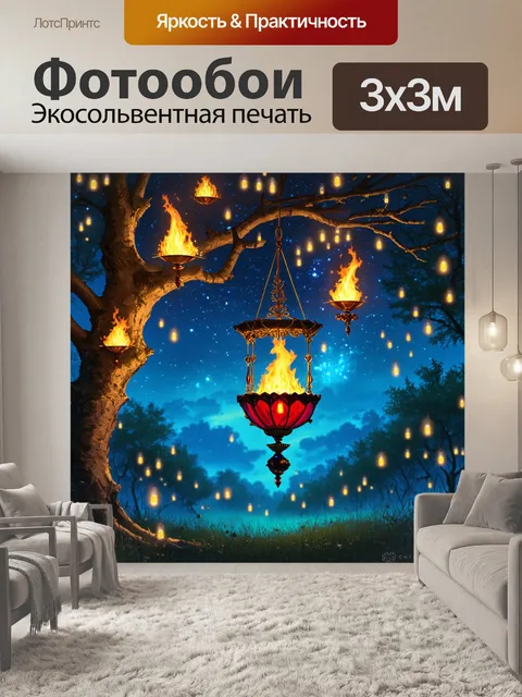 Фотообои мистическая ночь с мэрцишорами, висящими на ветках деревьев, освещенными светлячками