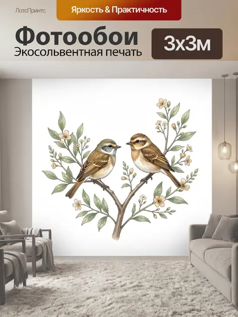 Фотообои Две птички на цветущей ветке