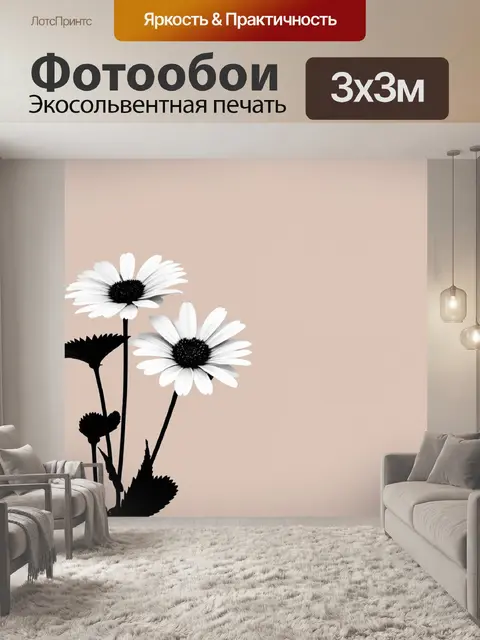 Фотообои цветы в стиле минимализм с черными линиями и белыми цветами на нежном фоне