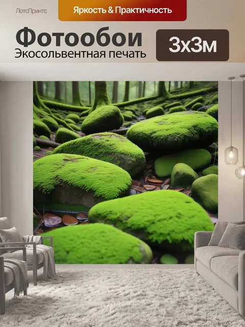 Фотообои лес с зелёными мшистыми камнями