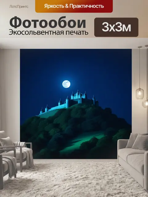 Фотообои замок на холме, освещённый луной