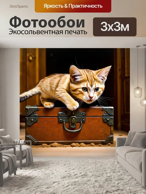 Фотообои кот, залезший в пыльный сундук с сокровищами