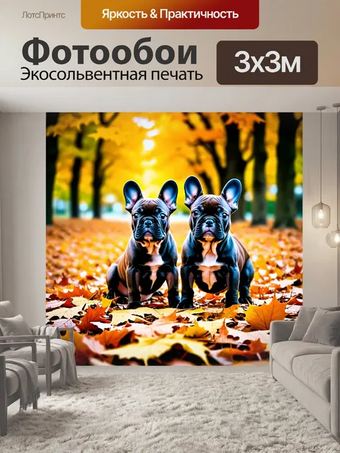Фотообои в осеннем парке щенки французского бульдога, среди опавших листьев, создают уникальную композицию