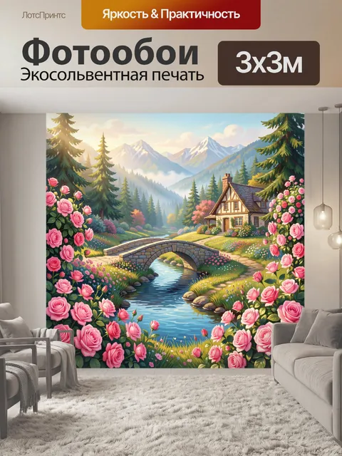 Фотообои Розовый сад у горного ручья