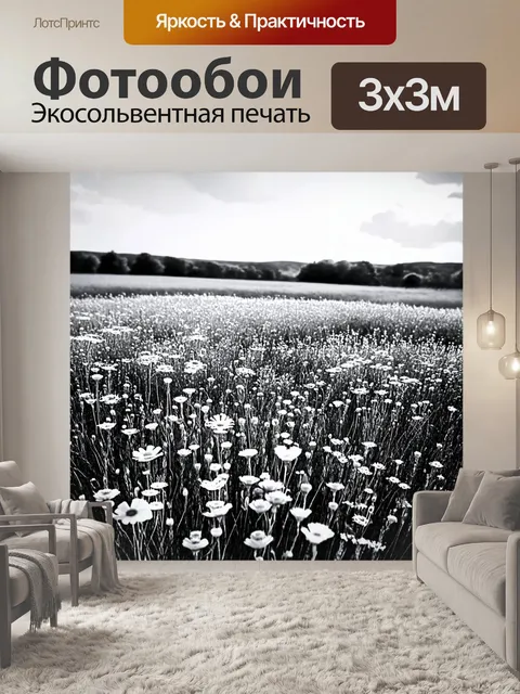 Фотообои черно-белый: поле диких цветов, колышущихся на ветру, образующее живописный ковёр
