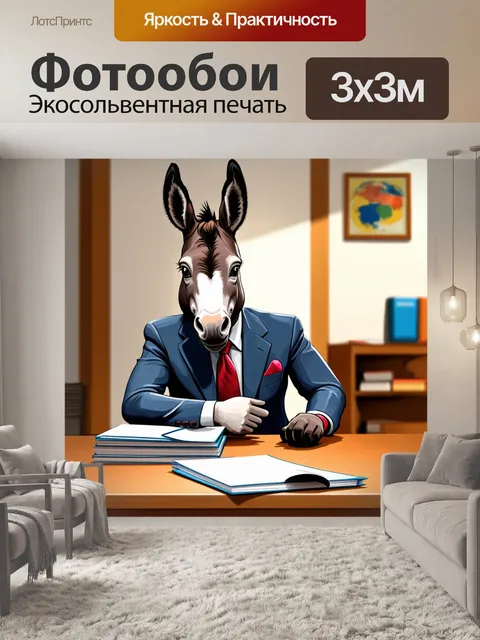 Фотообои умный осел, одетый в костюм, ведет переговоры, сидя за столом со стопкой документов