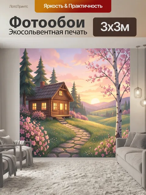 Фотообои Лесной домик среди цветущих деревьев