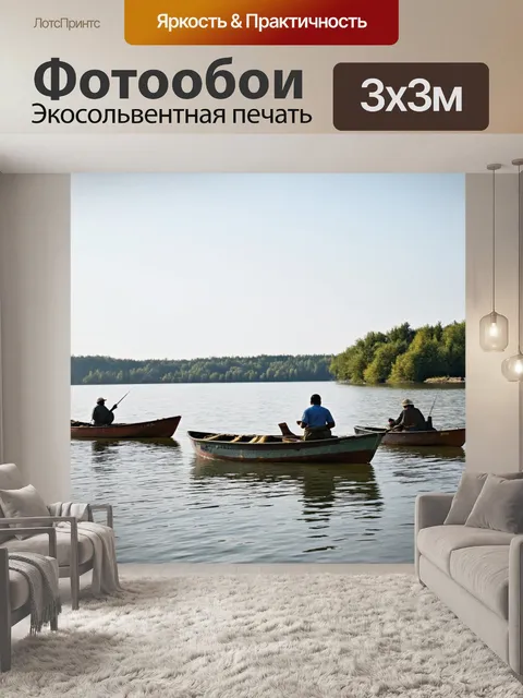 Фотообои озеро с рыбаками на лодках, наслаждающимися спокойным утром