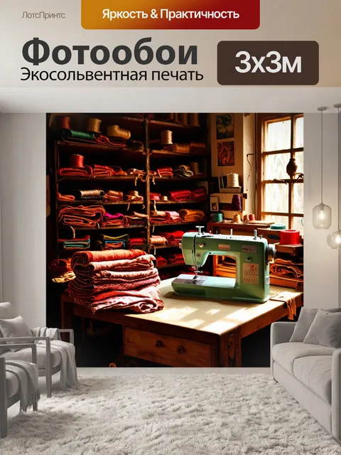 Фотообои винтаж с изображением старого швейного мастерской, заполненной тканями и нитками