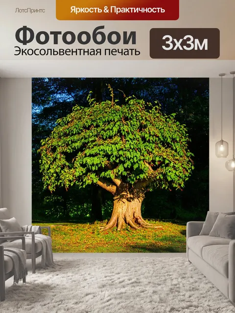 Фотообои дуб, обвитый плющом, с яркими ягодами и глубокими тенями, находится в центре волшебного леса, где скрыты…
