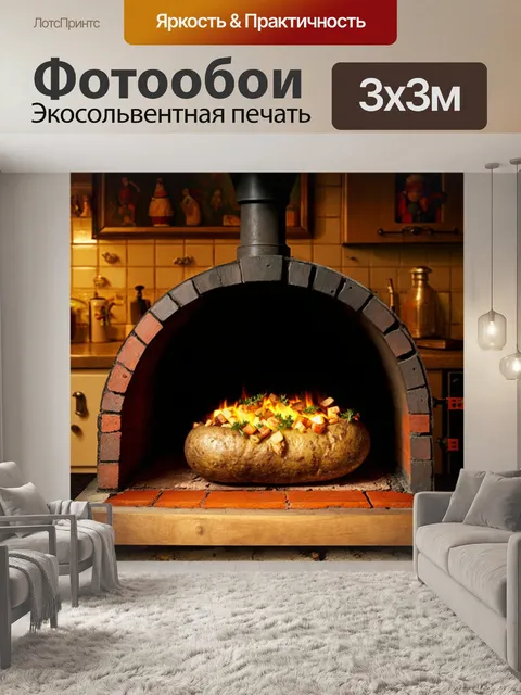 Фотообои картошка, запеченная на дровах в русской печи, на фоне старинной кухни с элементами декора из…
