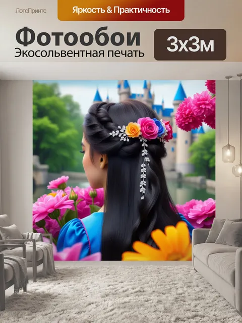 Фотообои замок, усыпанный цветами, принцесса делает заколку для волос