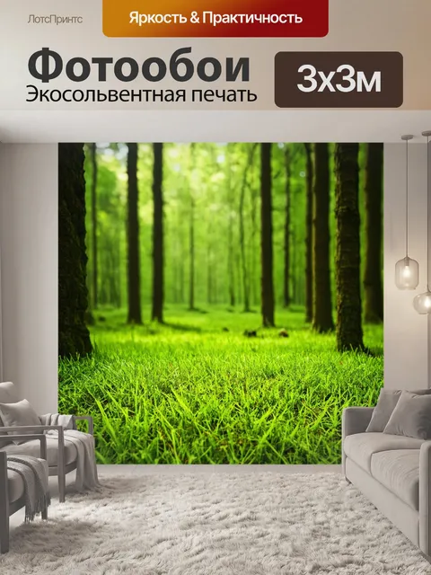 Фотообои лес с мягким светом и ярко-зелёной травой, покрывающей землю