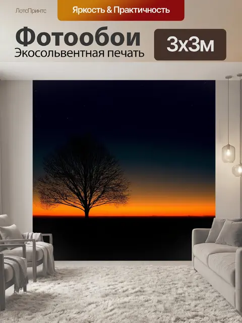 Фотообои ночь в стиле абстракции, силуэты деревьев на фоне светящегося горизонта, в тёмных тонах с яркими акцентами