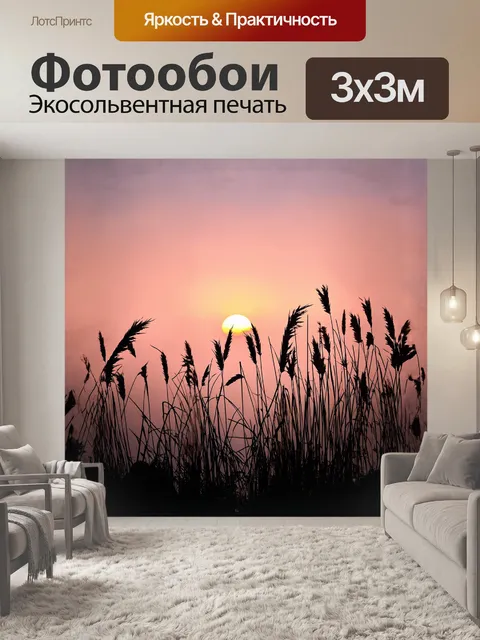 Фотообои на фоне восходящего солнца тростник тянется к небу, его фигуры создают интересные силуэты