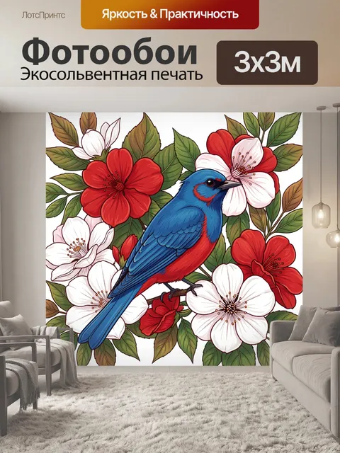 Фотообои Синяя птица среди цветущих вишен