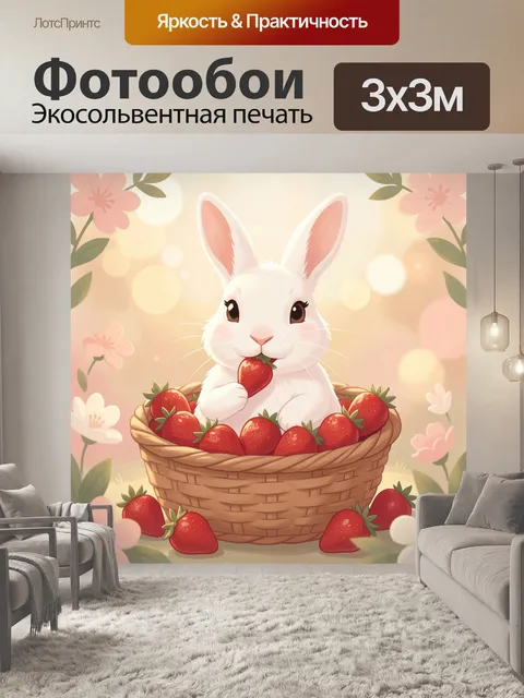 Фотообои Белый кролик с клубникой