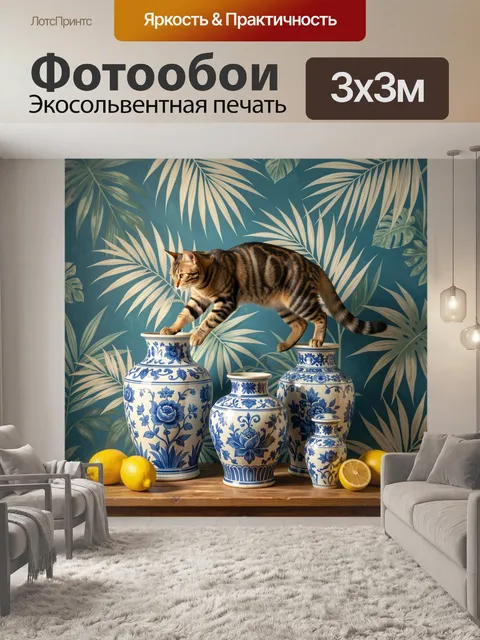 Фотообои Кот среди синих ваз и лимонов