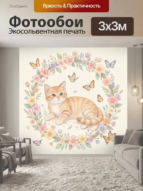Фотообои Рыжий кот среди весенних цветов