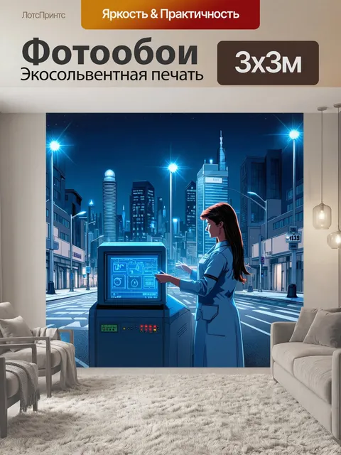 Фотообои на заднем плане вечерний город, в переднем плане медсестра, ухаживающая за высокотехнологичным оборудованием