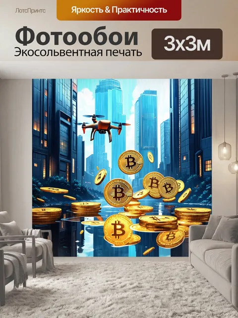 Фотообои задумайтесь о сказочном мире, где золотые монеты биткоина падают, как дождь, создавая светящиеся лужи