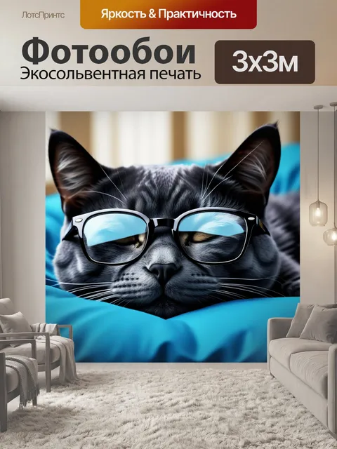 Фотообои кот в очках, спящий в мягкой постели