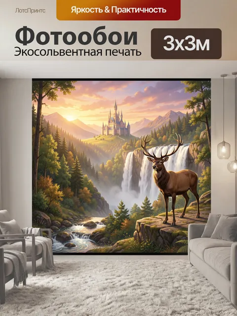 Фотообои Олень у водопада и замок