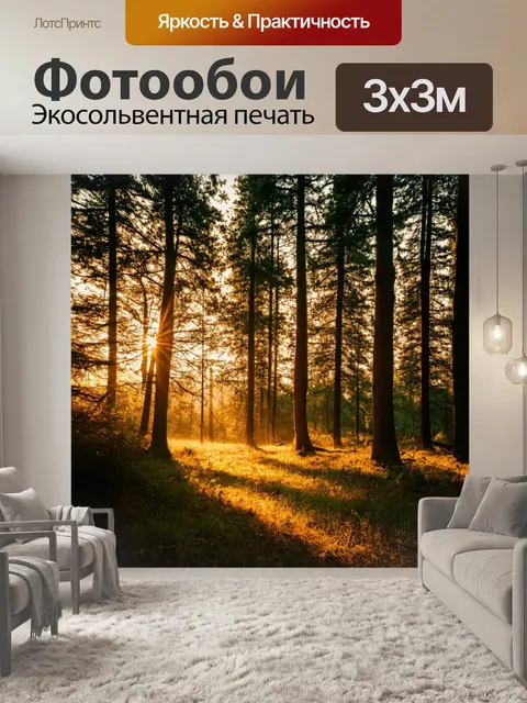 Фотообои вечерний лес с мягким светом заходящего солнца и уютной атмосферой