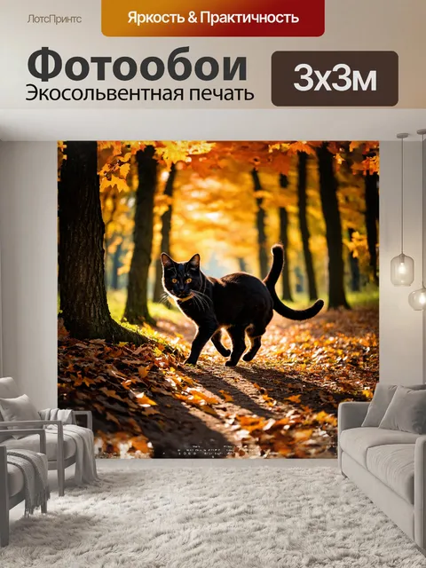 Фотообои черный кот, величественно прогуливающийся по живописному лесу, его длинный хвост приподнят