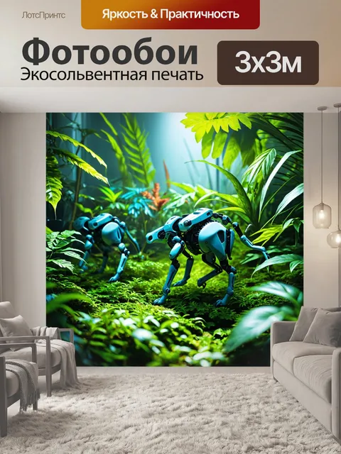 Фотообои природа в стиле киберпанк, где кибернетические животные бродят среди ярких растений