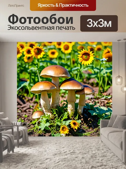 Фотообои грибы, растущие на краю цветущего поля, усыпанного солнечными цветами