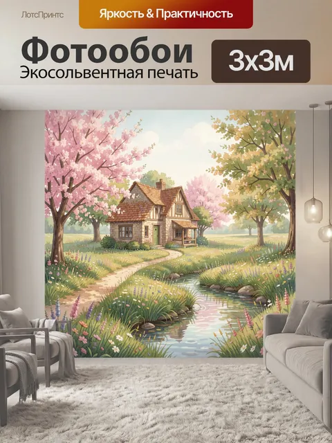 Фотообои Домик среди цветущего сада