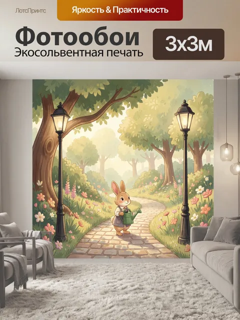 Фотообои Заяц с лейкой в цветочном парке