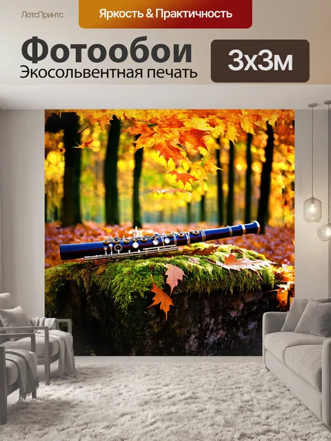 Фотообои гобой, окруженный яркими красками осенних листьев, расположен на мшистом камне в лесу, где мягкое солнечное…