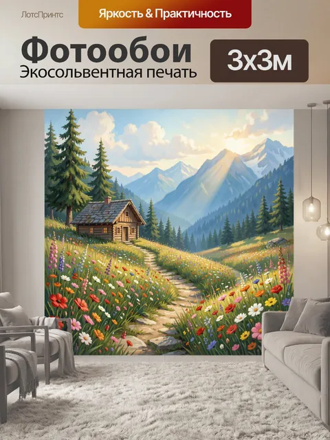 Фотообои Альпийский домик в цветущей долине