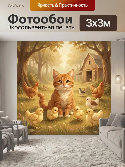 Фотообои Рыжий кот и цыплята в саду