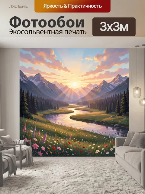 Фотообои Горная долина с рекой и рассветом