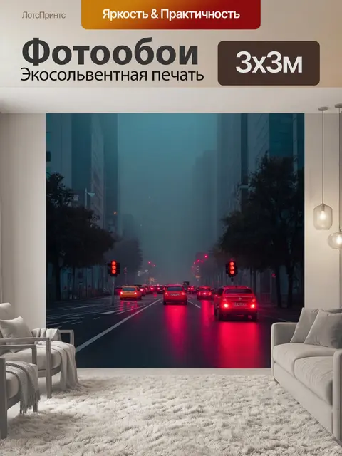 Фотообои туман в стиле люминизм, светофоры в тумане ночного города, светящиеся автомобили, загадочное освещение