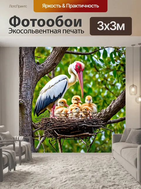 Фотообои аист, кормящий своих птенцов в гнезде на дереве