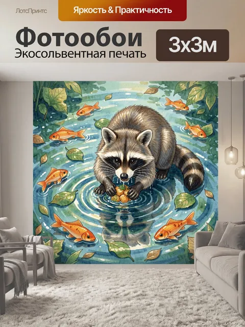 Фотообои Енот в пруду среди золотых рыбок