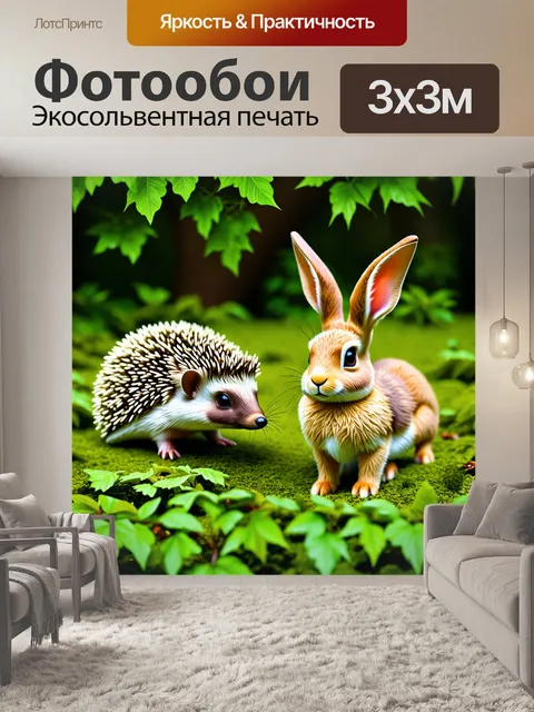 Фотообои животные в стиле изометрия, лесные животные, ежи и зайцы среди листвы